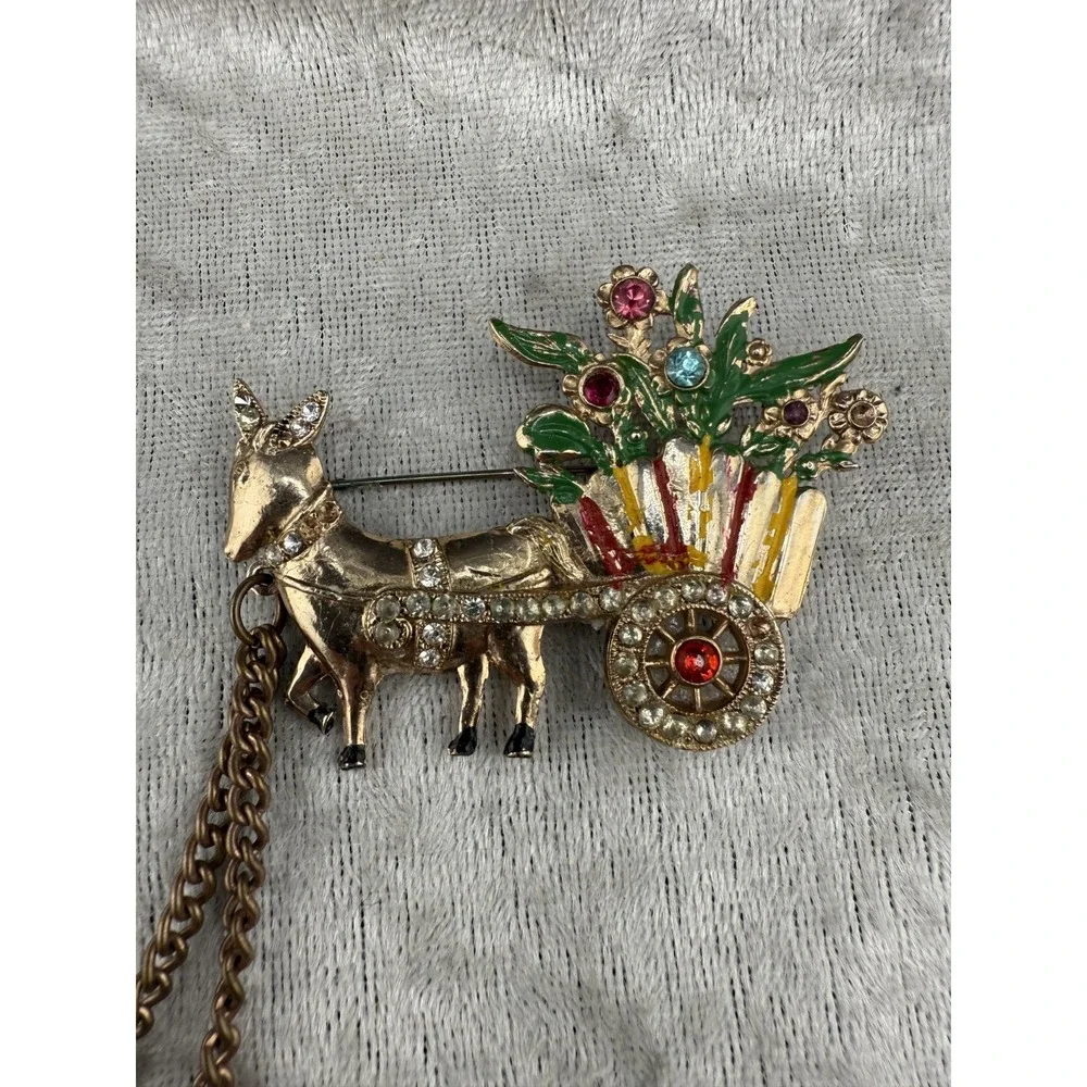 Vintage Chatelaine Style Brooch Figural Enamel Mexican Flower Gold Tone READ‎